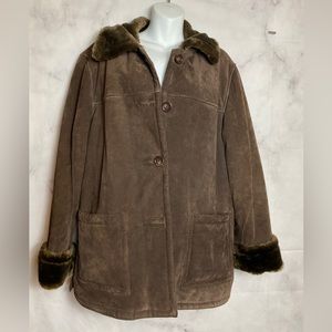 Dennis Basso Genuine Leather Suede Faux Fur Trim Button Front Coat Medium